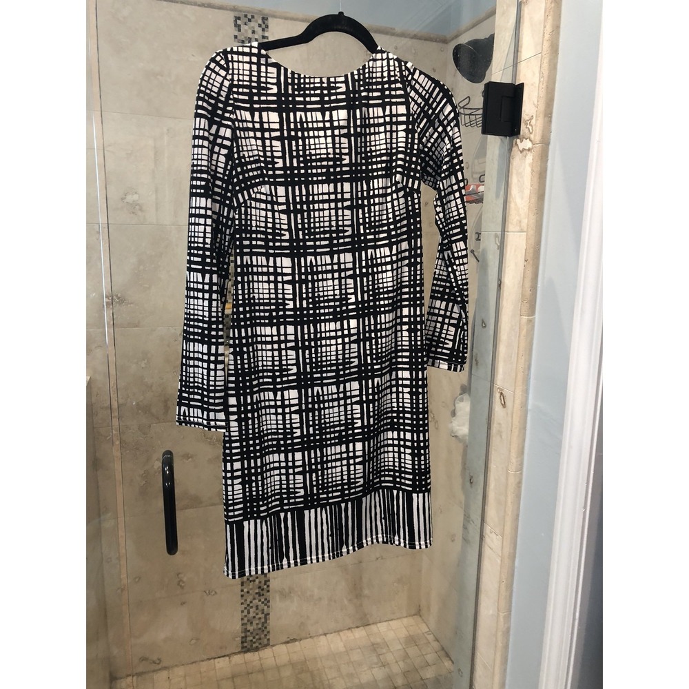 Vince Camuto Womens 4 Black White Herringbone Print Long Sleeve Stretch Dress